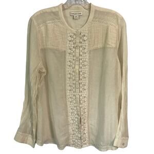 Coldwater Creek Blouse Large Womens Petite Lace Sheer Feminine Romantic Ivory PL